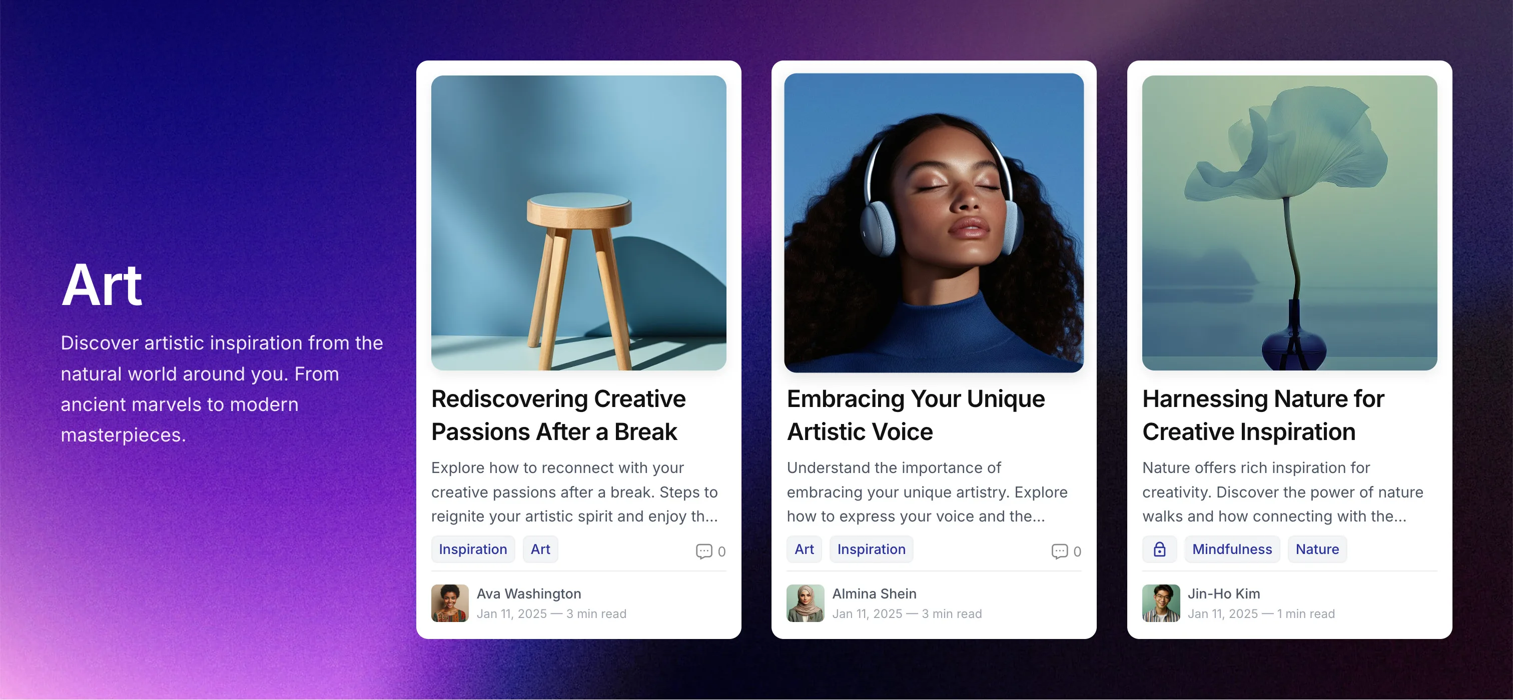 Nio Ghost theme highlighted tag section showing latest posts with feature image background