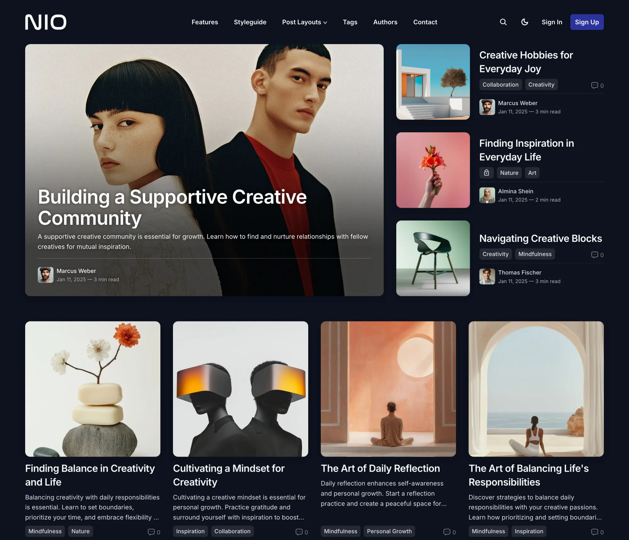 Nio Ghost theme homepage in dark color scheme with dark background