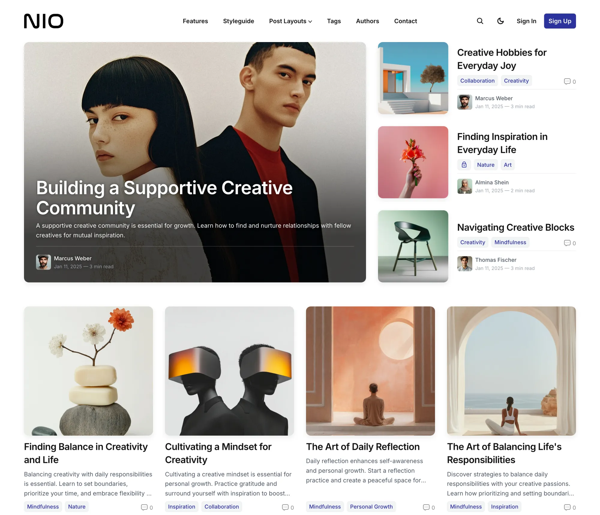 Nio Ghost theme homepage in light color scheme with bright background