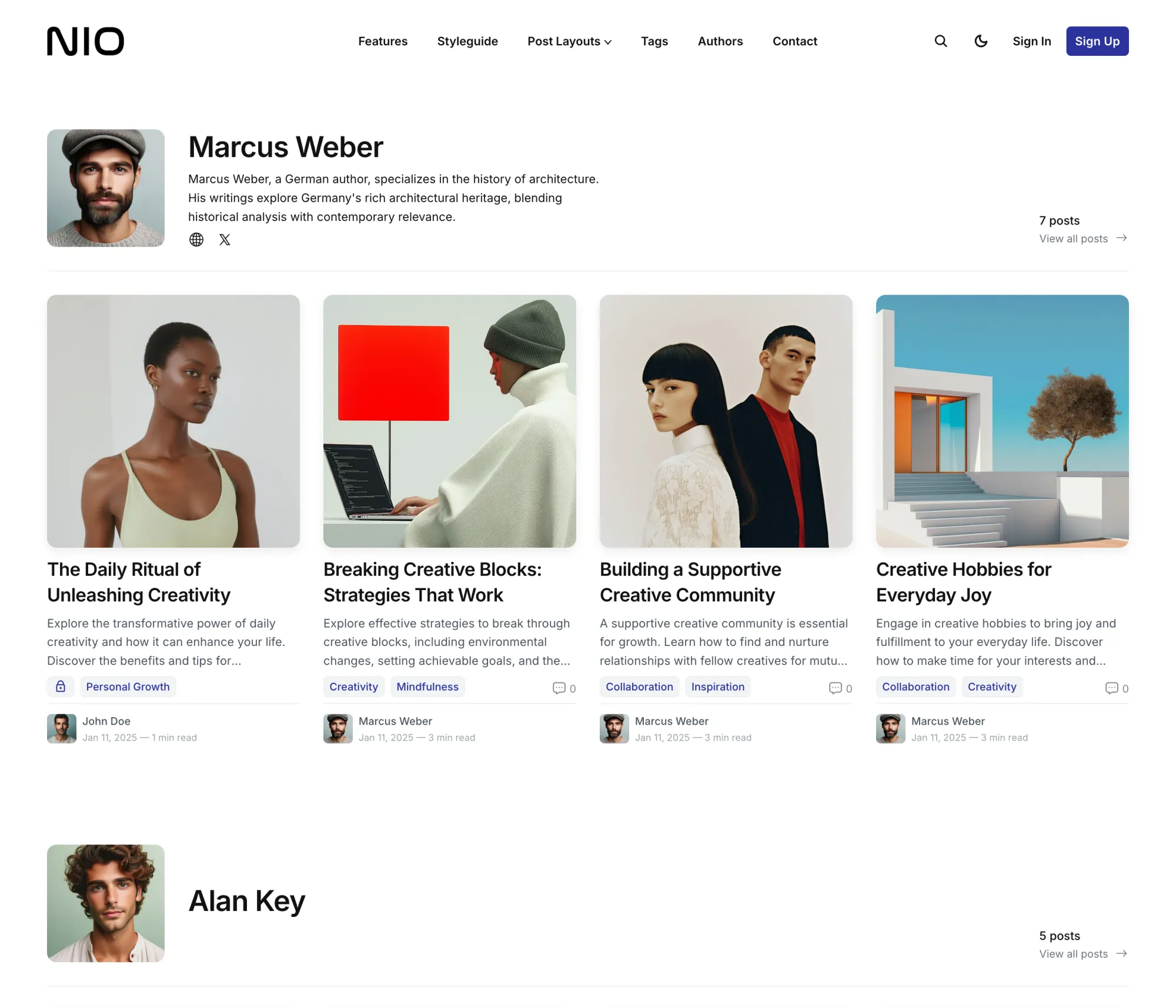 Nio Ghost theme authors page listing contributors with profile images and bios