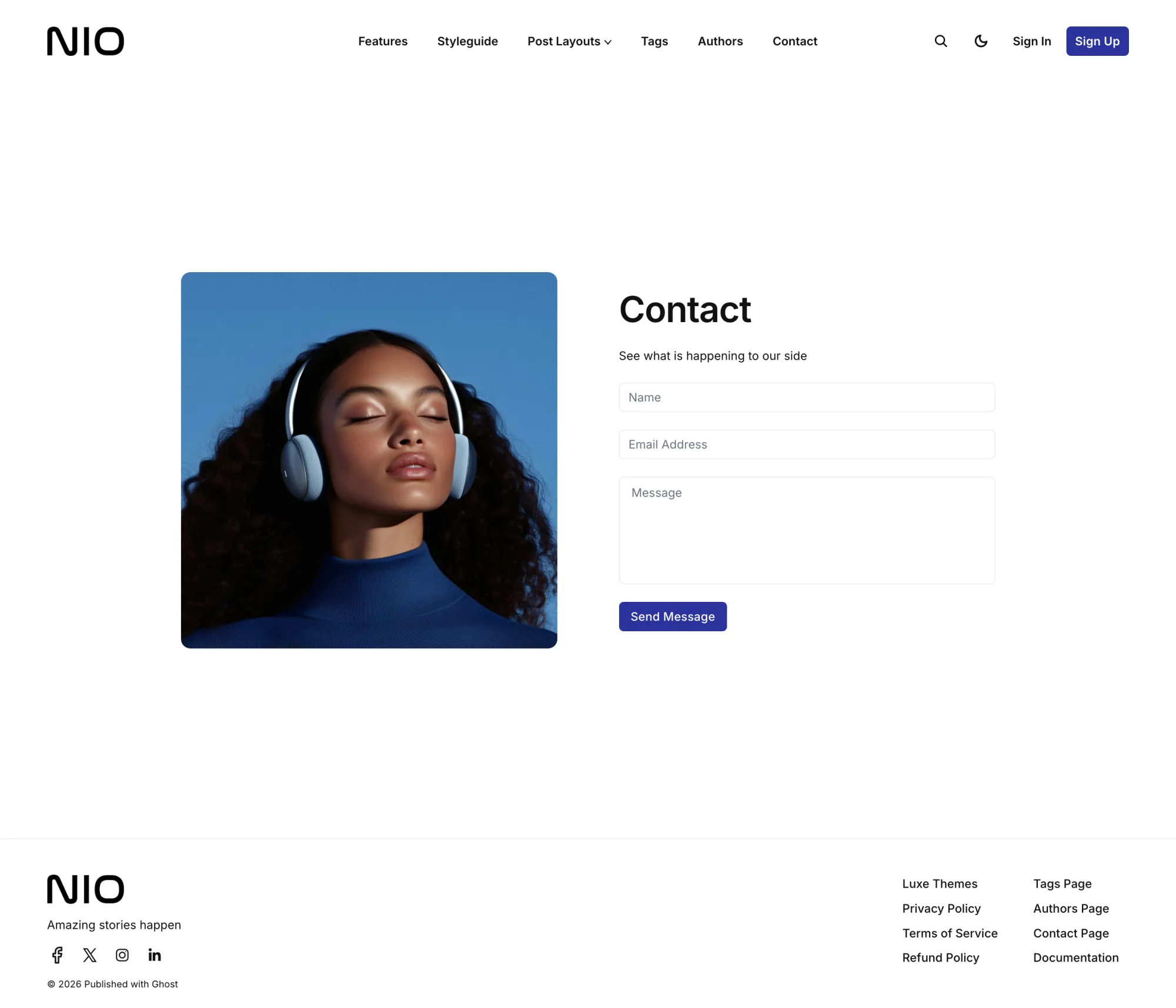 Nio Ghost theme contact page with a message form for visitor submissions
