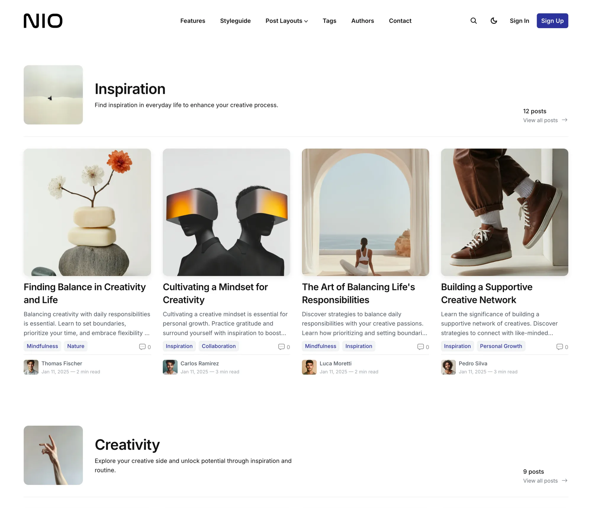 Nio Ghost theme tags page presenting all site tags with feature images and post counts