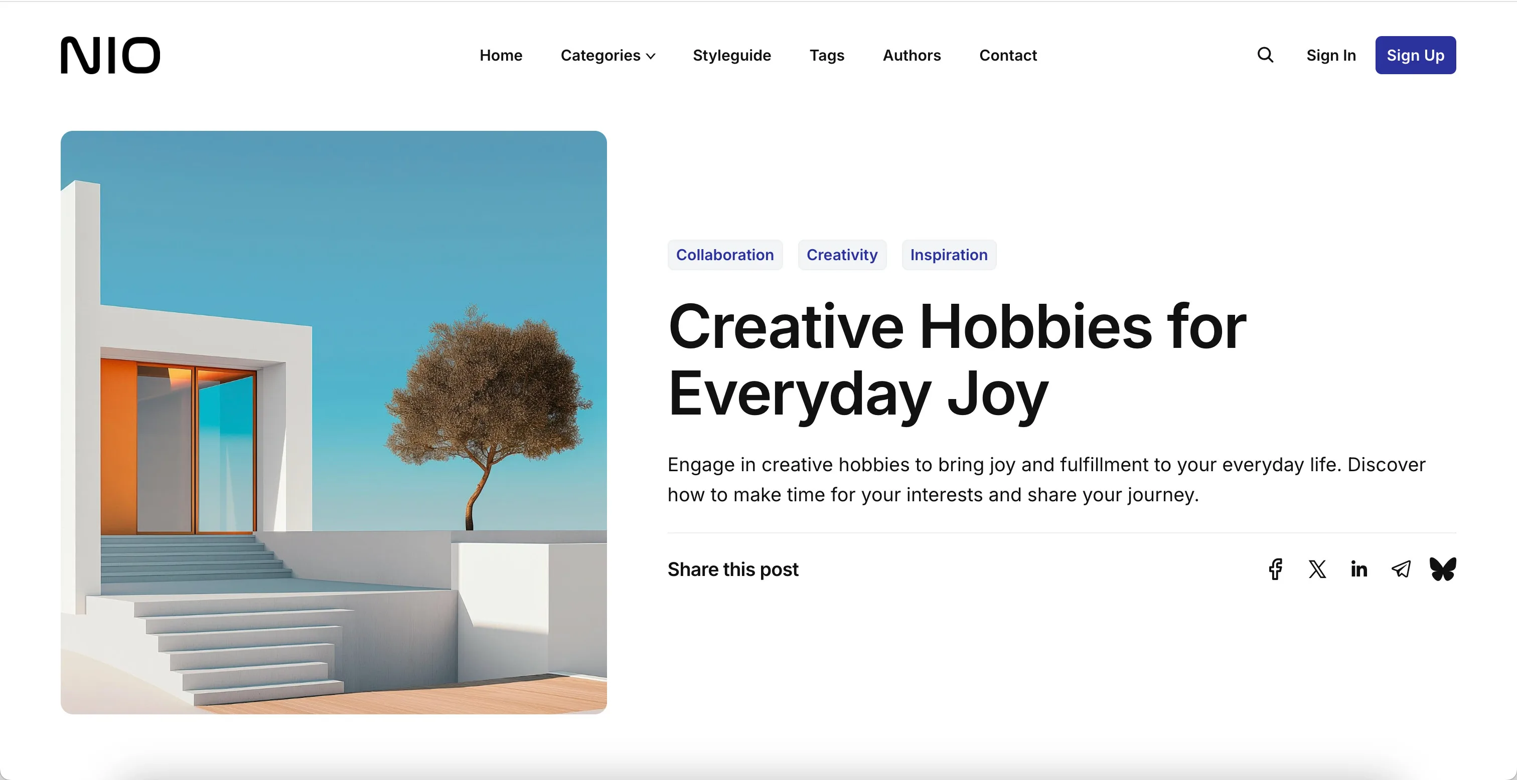 Nio Ghost theme post layout with featured image on the left of the post header