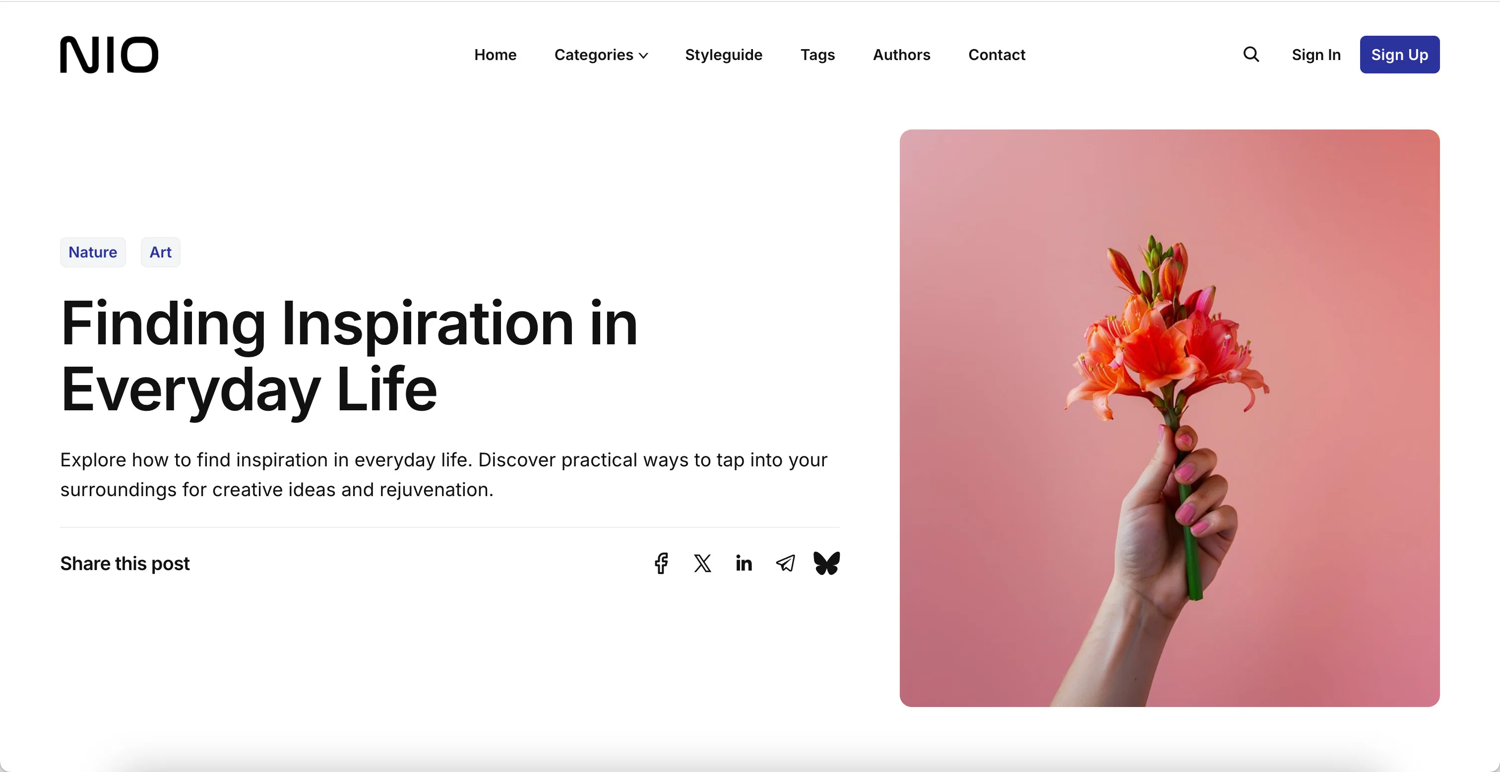Nio Ghost theme post layout with featured image on the right of the post header