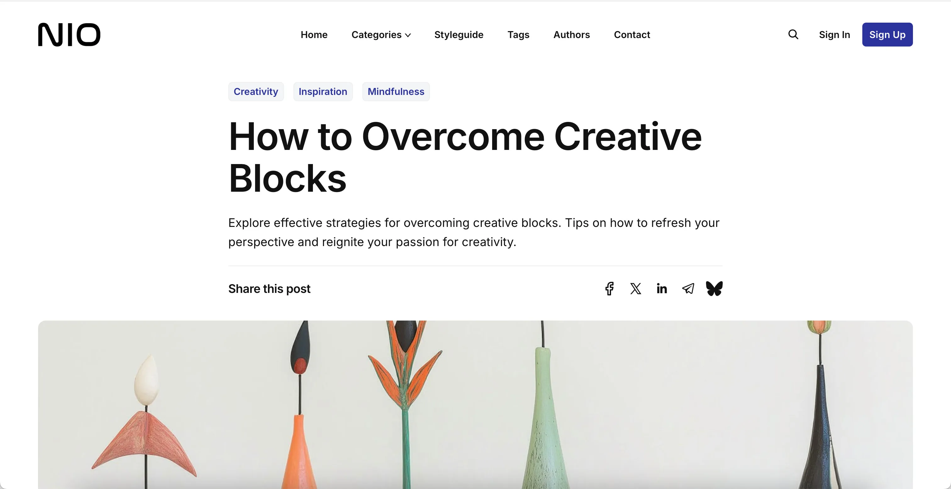 Nio Ghost theme post layout with text first showing content before the featured image