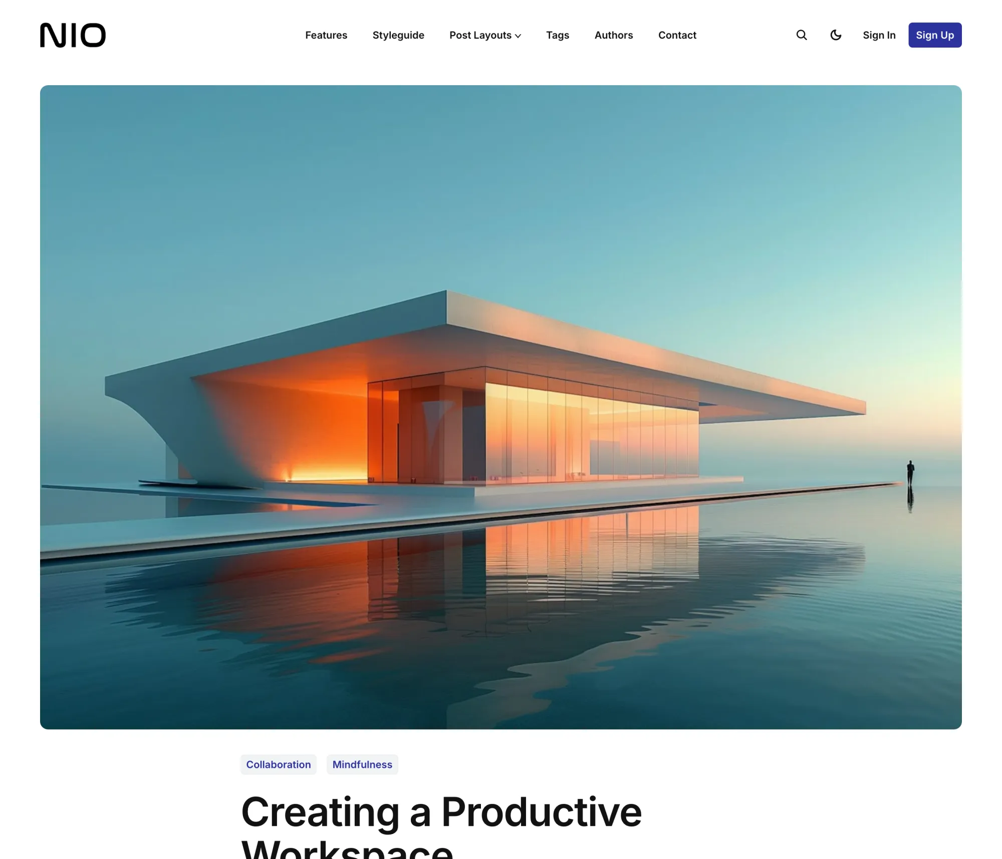 Nio Ghost theme post layout with full width featured image above the content