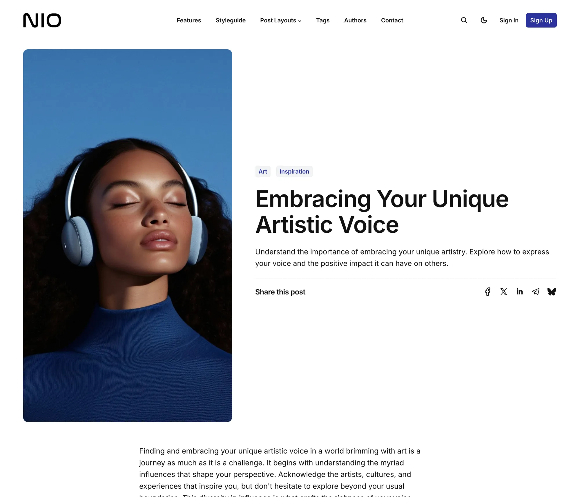 Nio Ghost theme post layout with featured image on the left of the post header