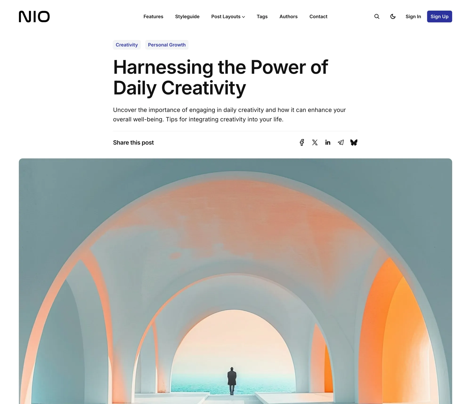 Nio Ghost theme post layout with text first showing content before the featured image