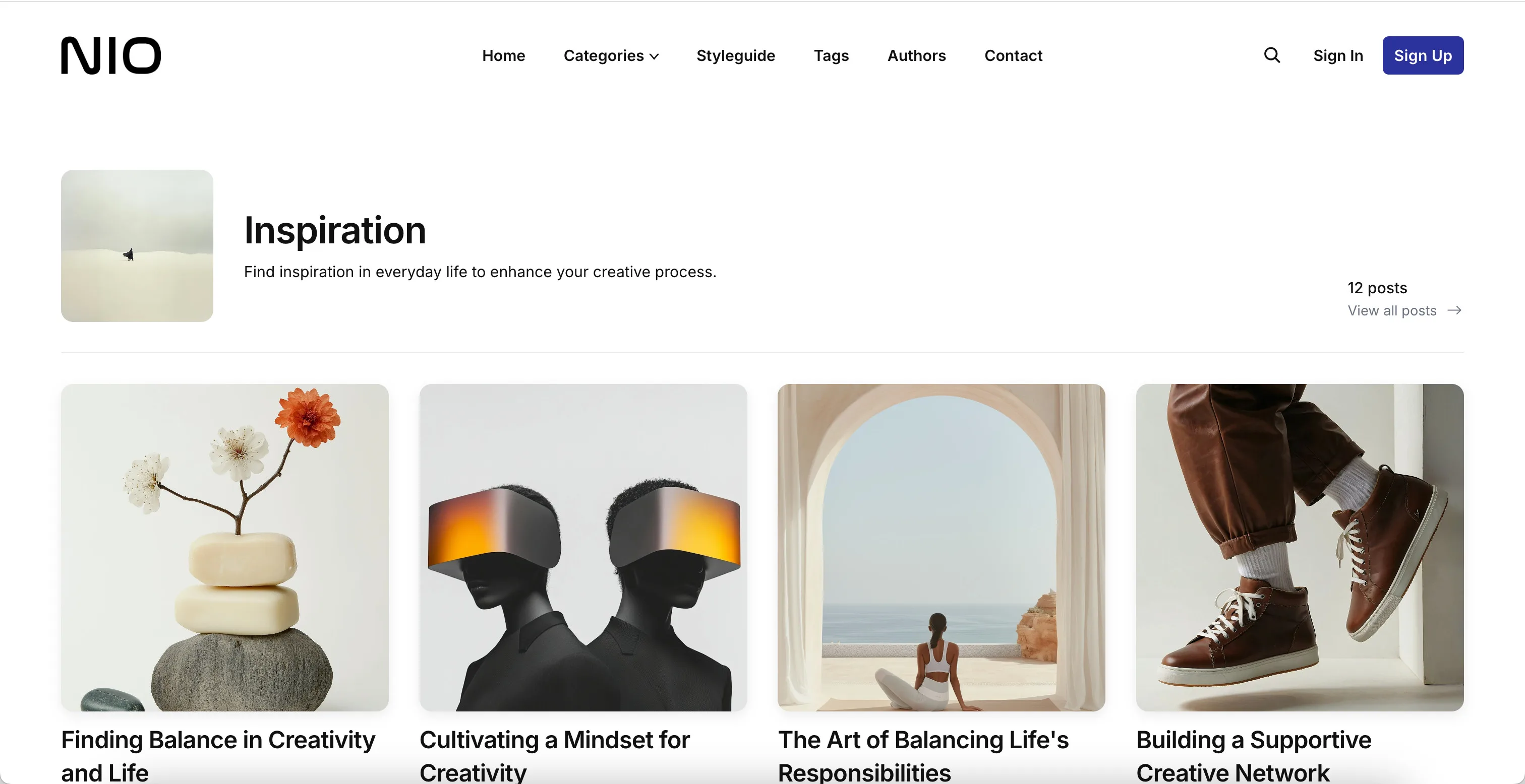 Nio Ghost theme tags page presenting all site tags with feature images and post counts