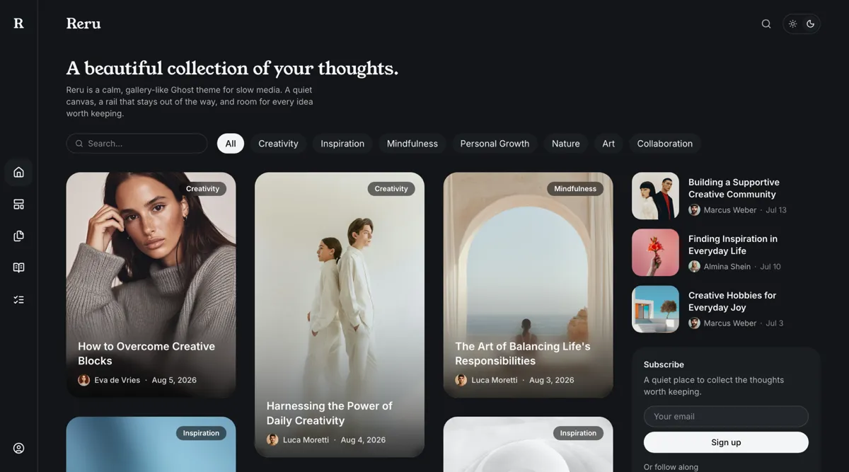 Reru Ghost theme homepage in the dark color scheme with near-white text on a cool neutral dark background
