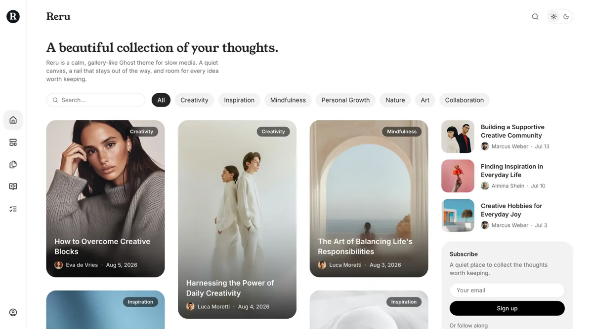 Reru Ghost theme homepage in the default light scheme with an icon rail on the left and a masonry feed of post cards
