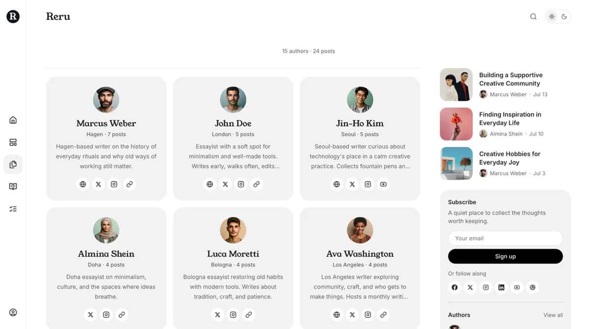 Reru authors page with centered tinted cards showing avatar, name, location, bio and social links