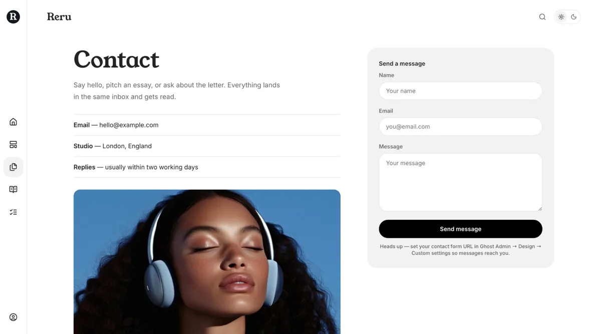 Reru contact page with title, ruled content and image on the left and a tinted form panel on the right