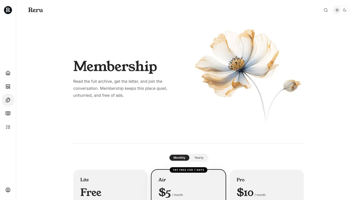 Reru membership page with a pricing grid generated from Ghost tiers and a monthly to yearly toggle