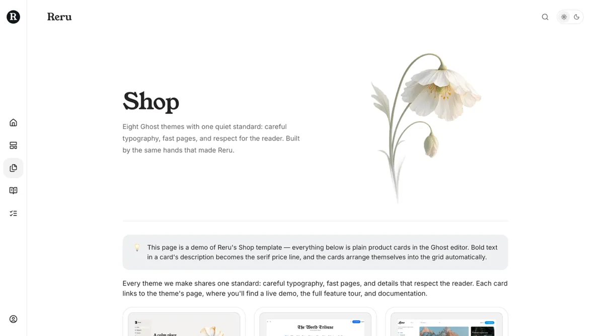 Reru shop page with product cards arranged in a grid, each on a hairline border with a price line