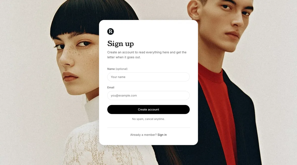 Reru chrome-free sign-up page with the form in a card centered over a full-bleed photograph