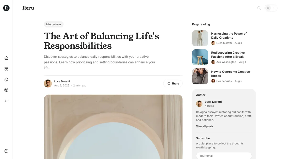 Reru default post layout with the title and byline above a 696px reading column