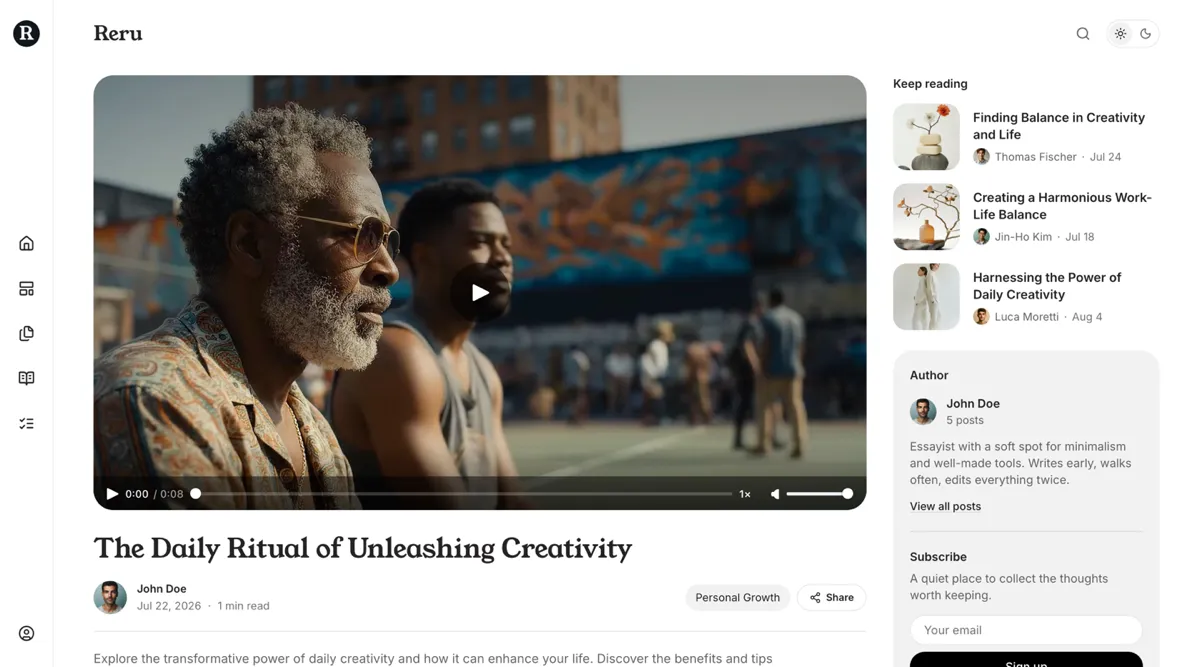 Reru Video post layout with the player leading at full width above the title and byline