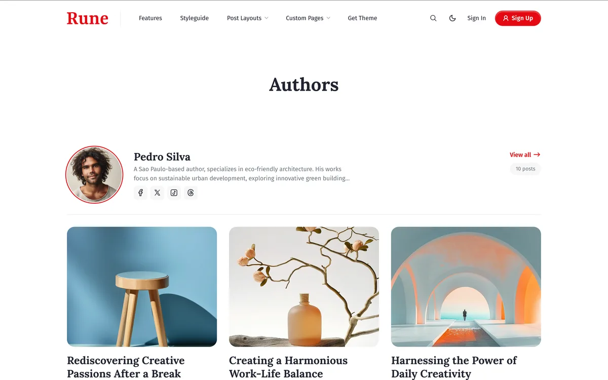 Rune Ghost theme authors page showing team member profiles with social links for Bluesky Threads and LinkedIn