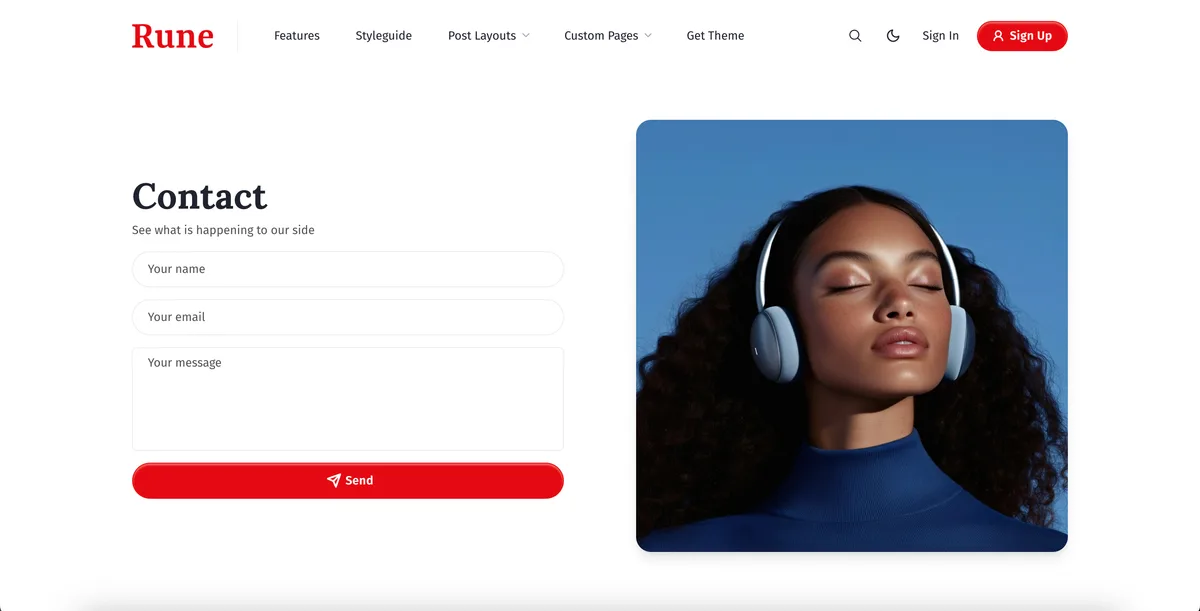Rune Ghost theme contact page showing styled form with input fields and branded call-to-action button