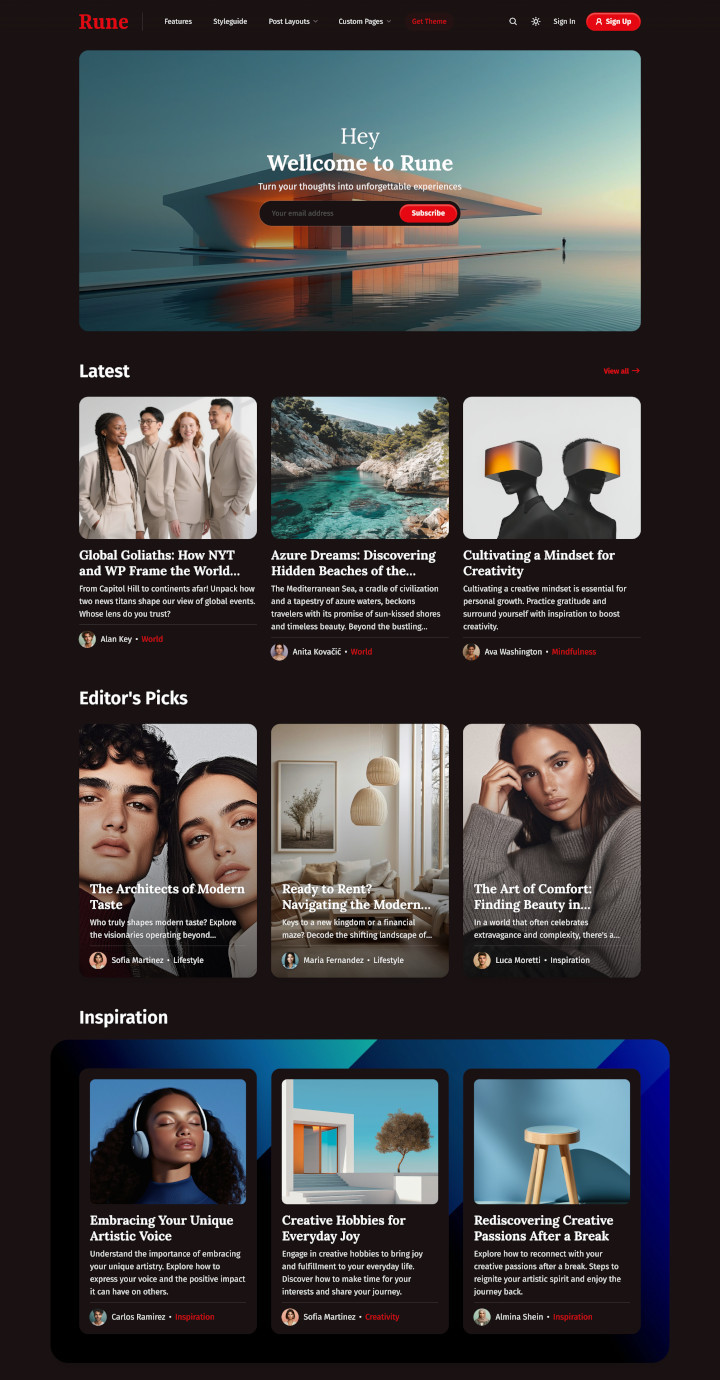 Rune Ghost theme with dark mode and featured post highlights