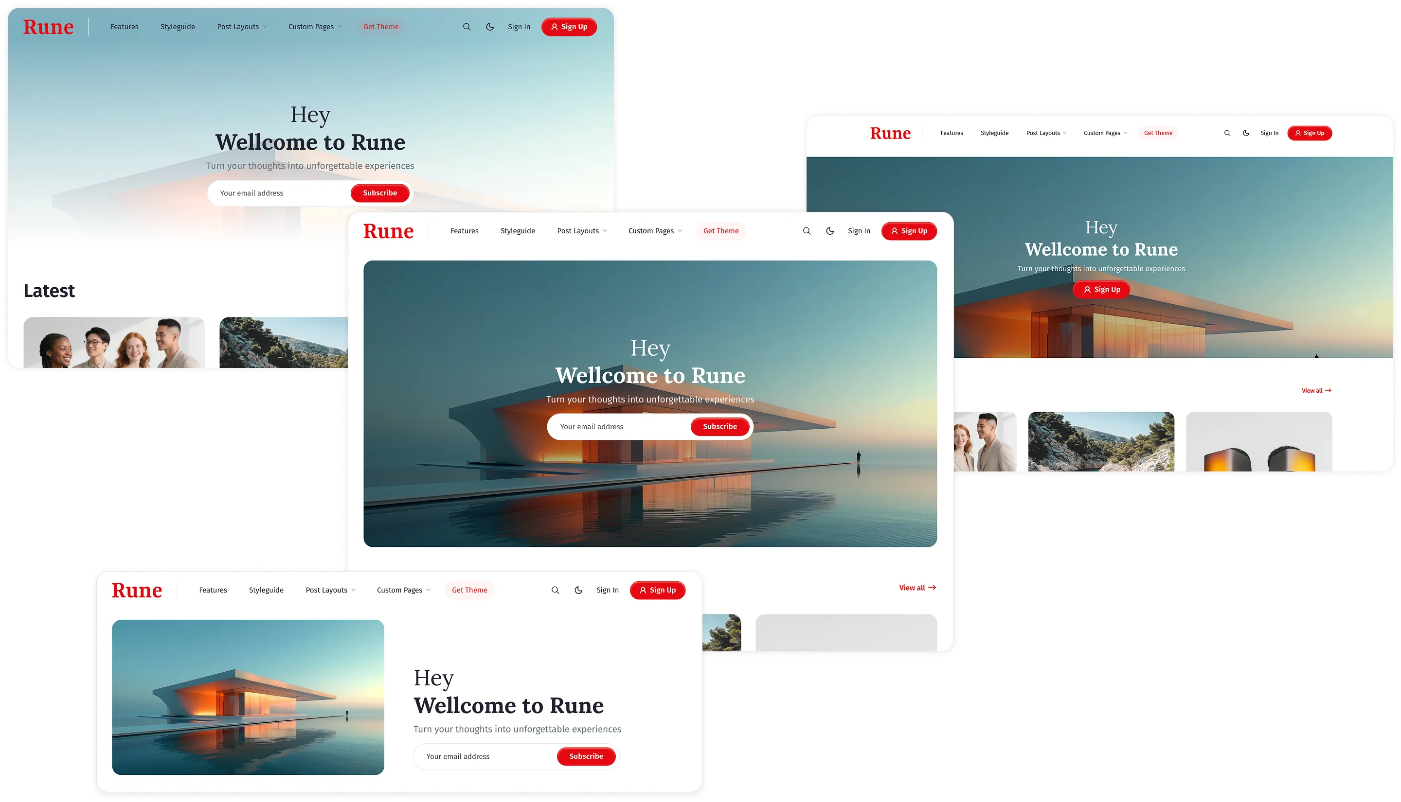 Rune Ghost theme homepage hero section showing multiple title, alignment, and cover image placement variations