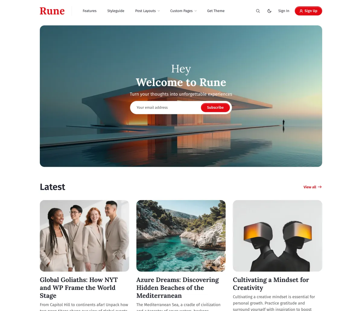 Rune Ghost theme homepage: a top menu bar, a rounded cover-image hero with a headline and subscribe field, and a Latest section of three post cards