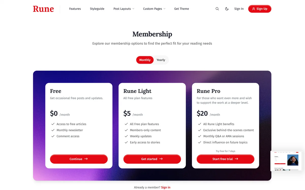 Rune Ghost theme membership page showing subscription pricing tiers with sign-up forms and benefits list
