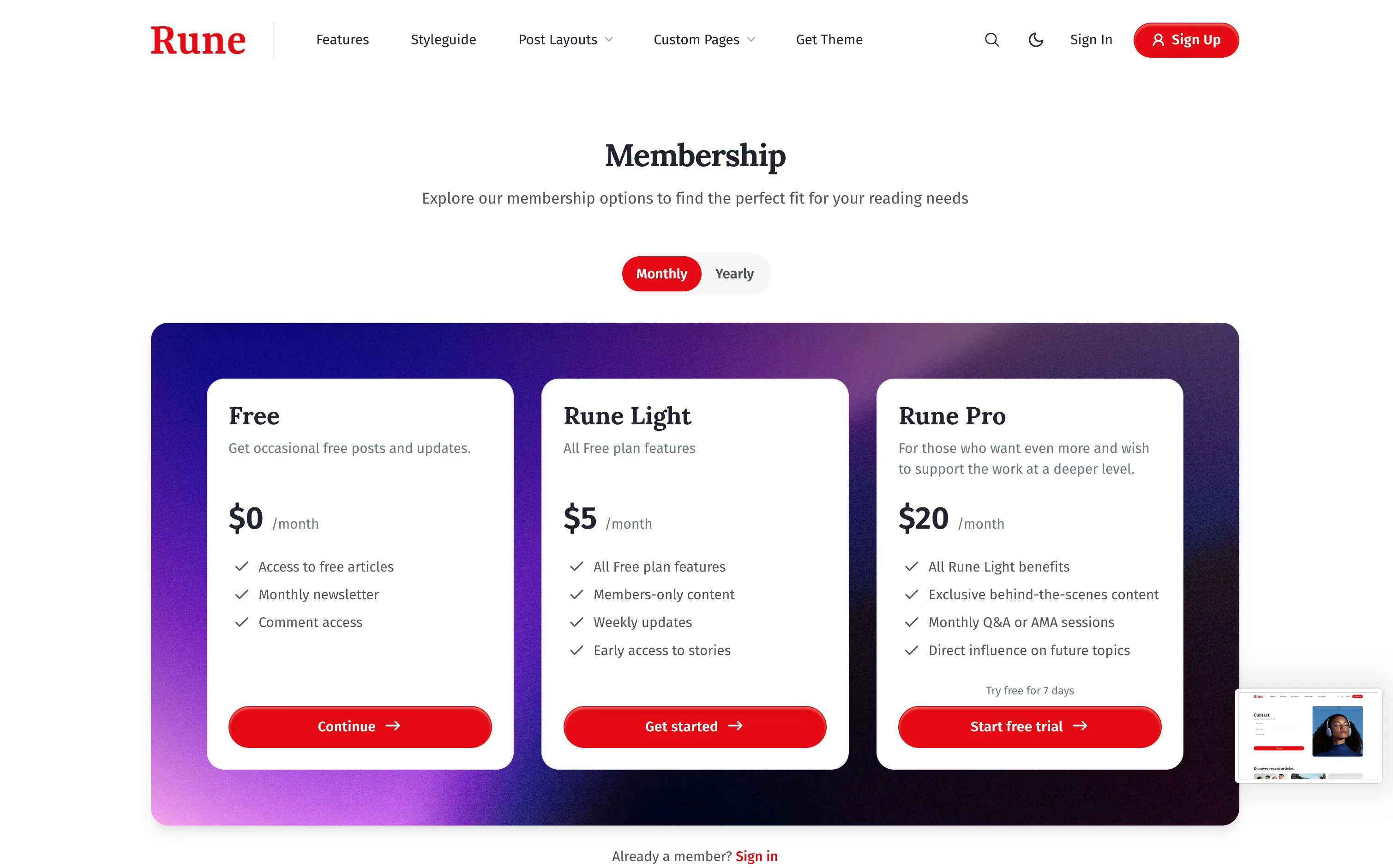 Rune Ghost theme membership page template displaying subscription pricing tiers for visitors