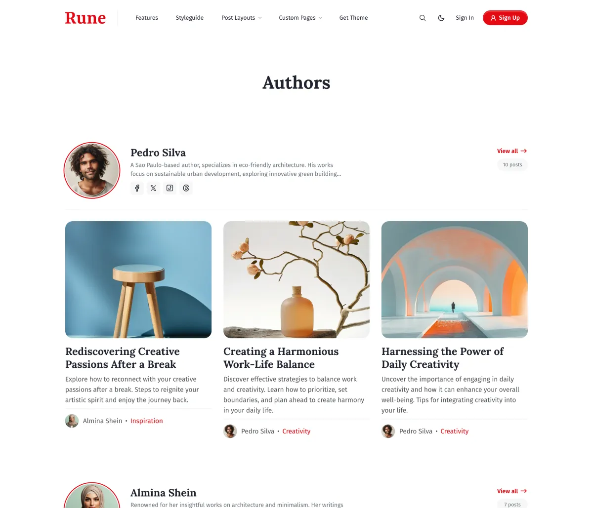 Rune authors page with each writer's round avatar, bio, social links, post count and three latest posts