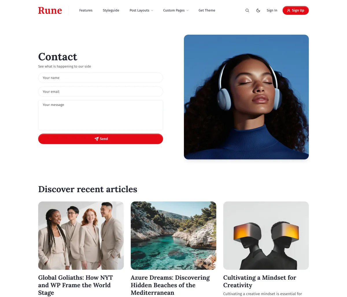 Rune contact page with a form beside the page image and three recent articles below