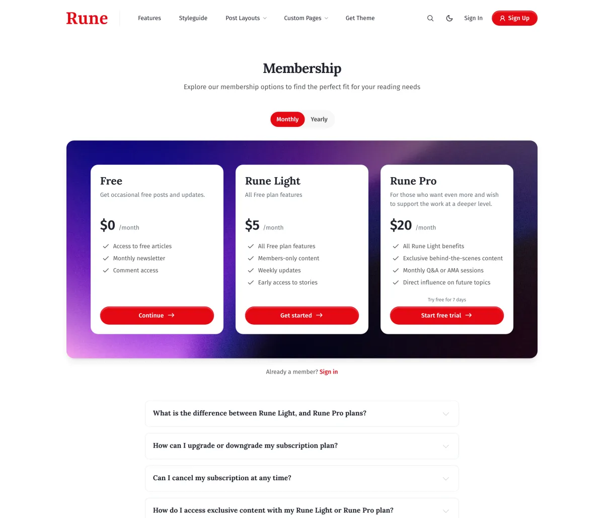 Rune membership page with pricing cards built from Ghost tiers and a monthly to yearly toggle