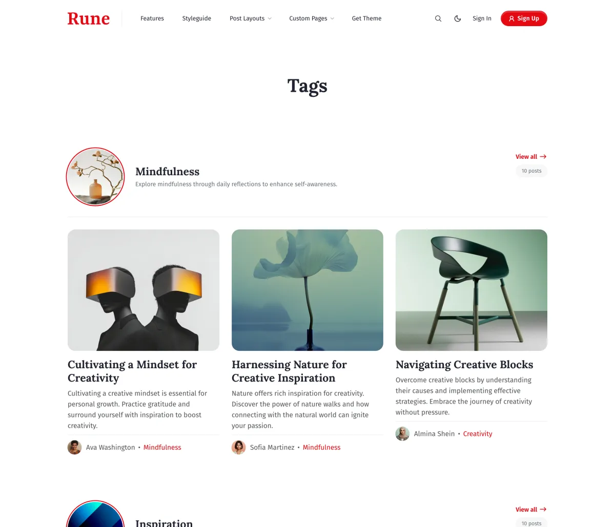 Rune tags page with each tag's round image, description, post count and three latest posts