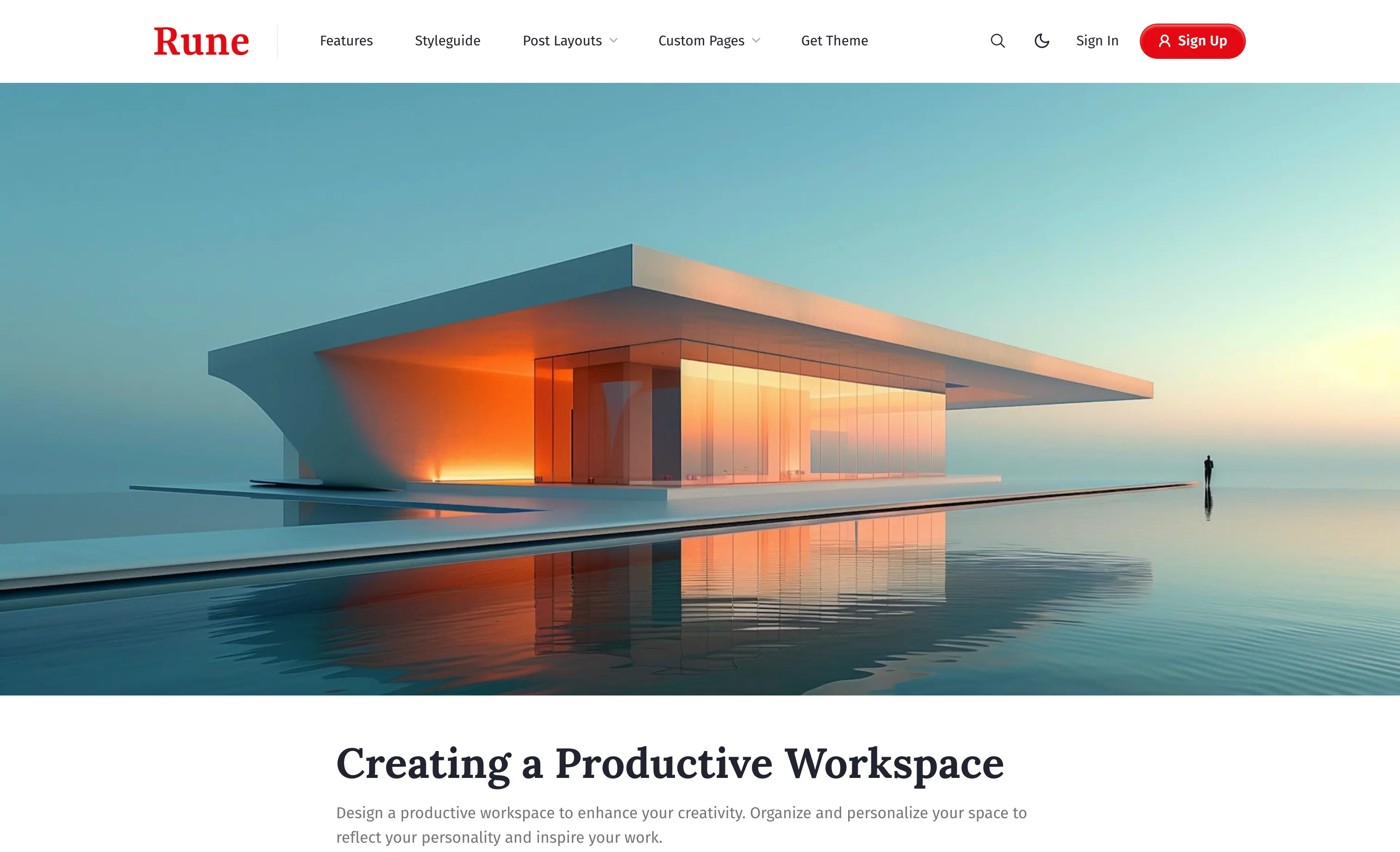 Rune Ghost theme full width image post layout with a large feature image above the title and meta