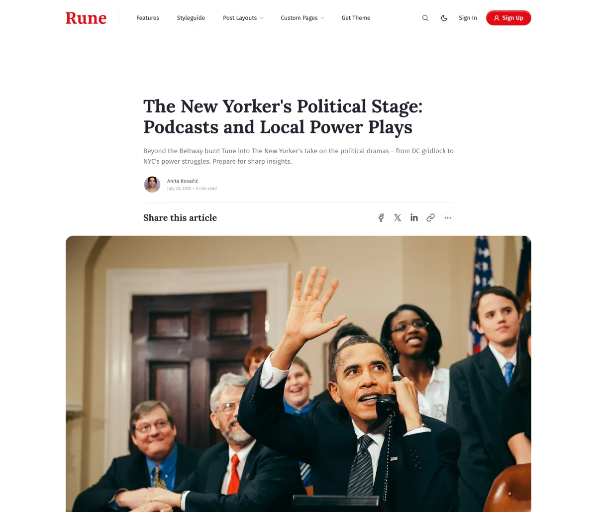 Rune default post layout with the title, byline and share row above a rounded feature image at its natural ratio