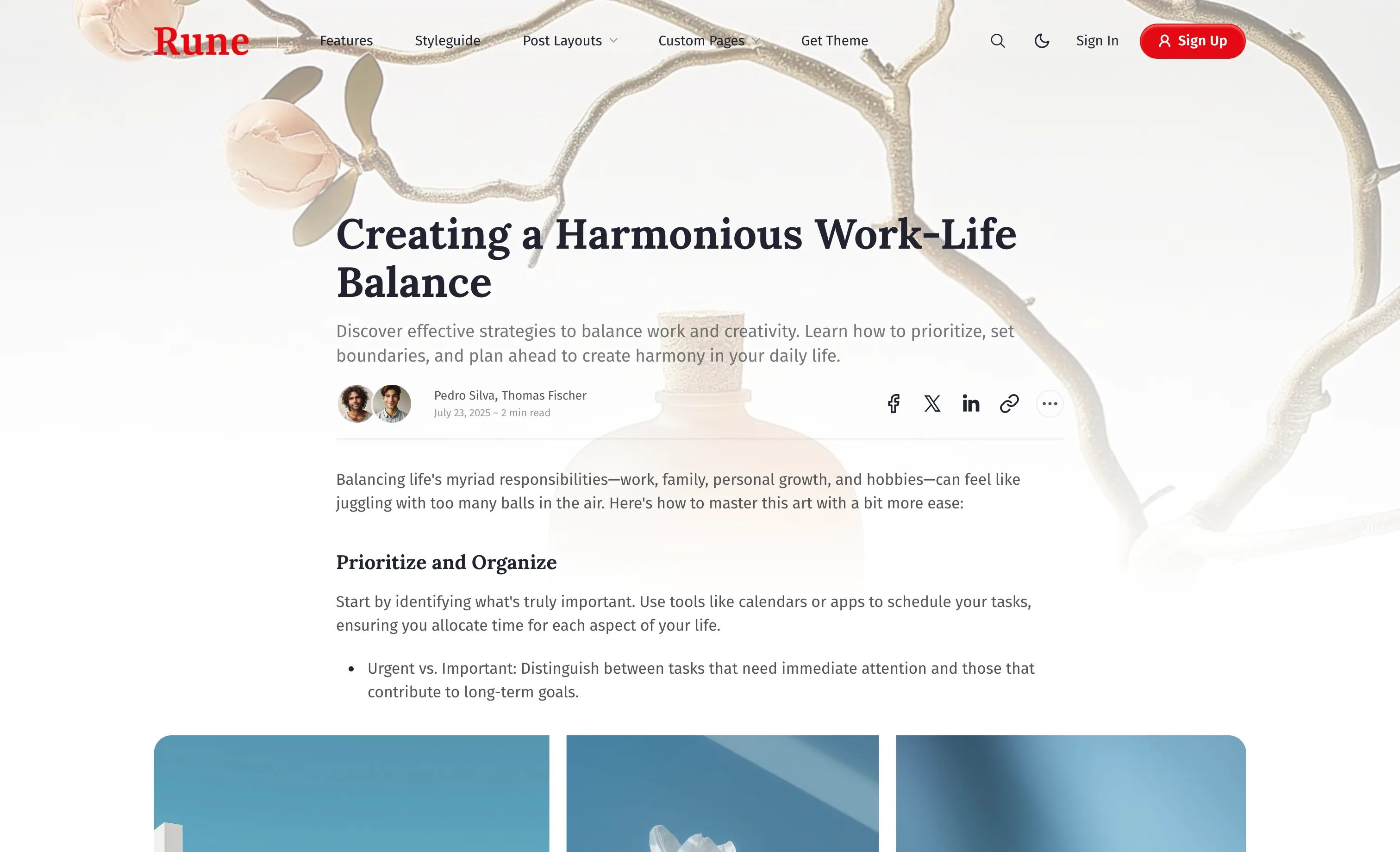 Rune Ghost theme gradient image post layout with a feature image fading into the page above the title and meta