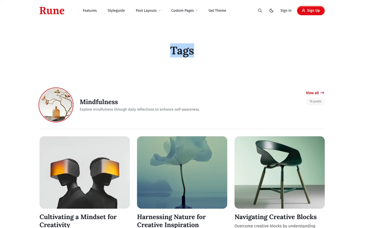 Rune Ghost theme tags archive page showing organized content categories with topic images and post counts