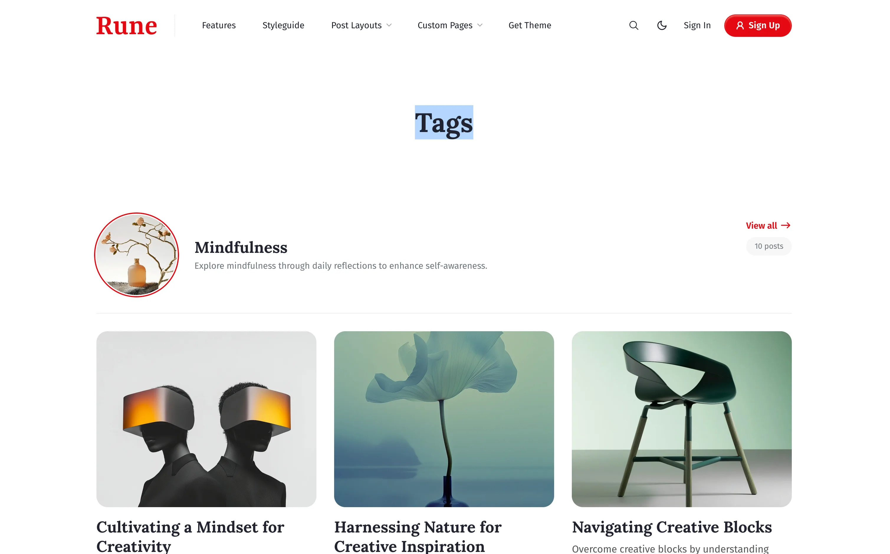 Rune Ghost theme tags page template listing all site tags with descriptions and feature images