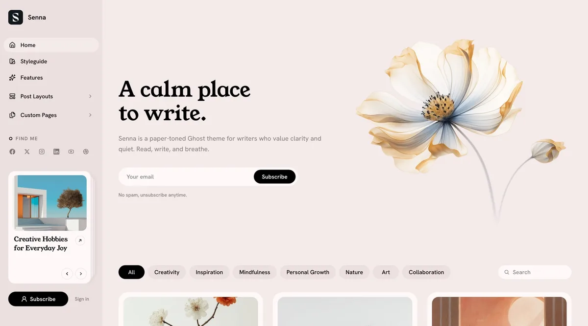 Senna Ghost theme homepage in the Blush scheme, a warm rose-tinted paper background