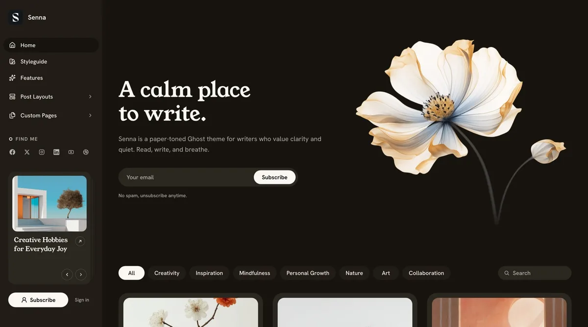 Senna Ghost theme homepage in the warm dark color scheme with near-white serif heading on a deep brown background