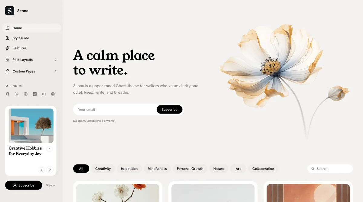 Senna Ghost theme homepage in the default warm-paper color scheme with serif hero heading and sidebar navigation
