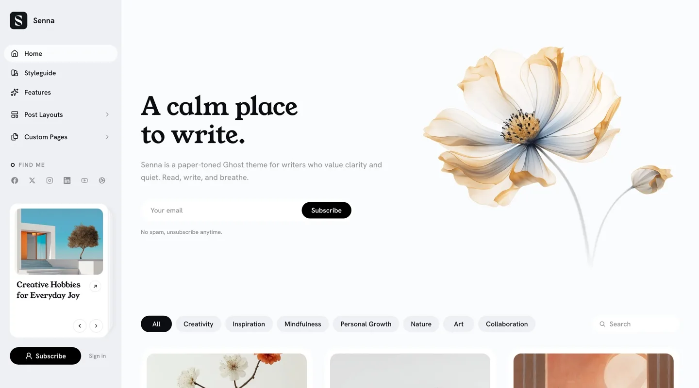 Senna Ghost theme homepage in the Light scheme on cooler neutral paper