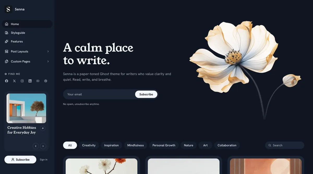 Senna Ghost theme homepage in the Midnight scheme, a navy dark background with light text