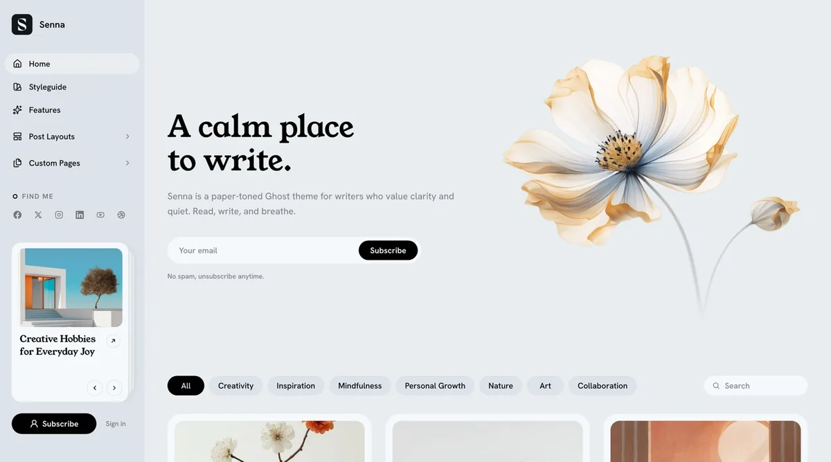 Senna Ghost theme homepage in the Mist scheme, a cool blue-grey paper background