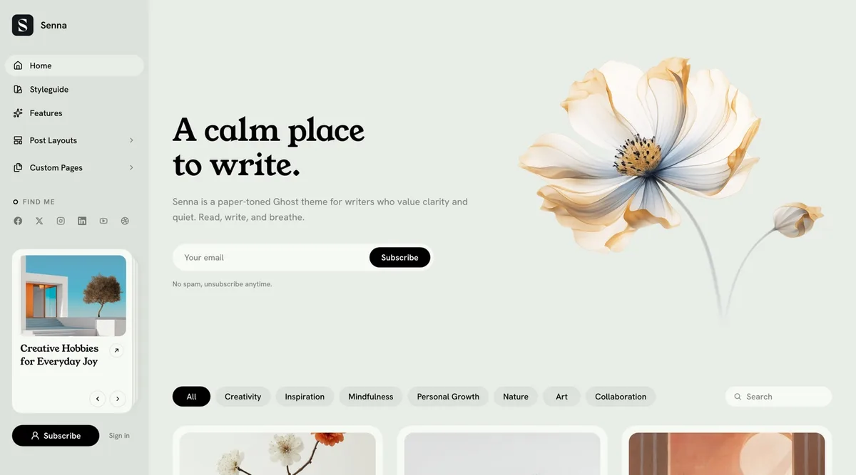 Senna Ghost theme homepage in the Sage scheme, a muted green-grey paper background