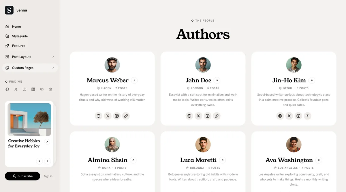 Senna authors page with centered white author cards showing avatar, bio, location, and social links