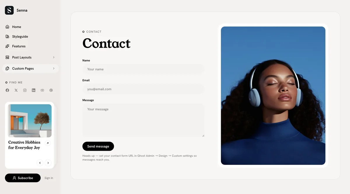 Senna contact page with a labeled form beside a framed side image