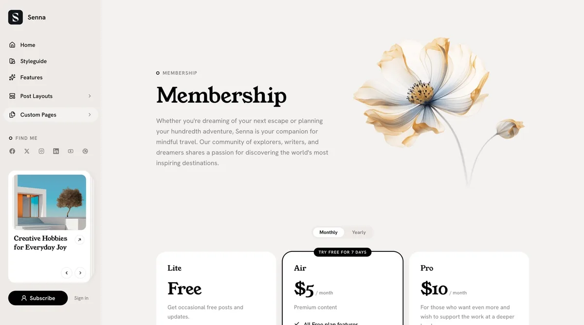 Senna membership page with a pricing grid generated from Ghost tiers and a highlighted trial plan