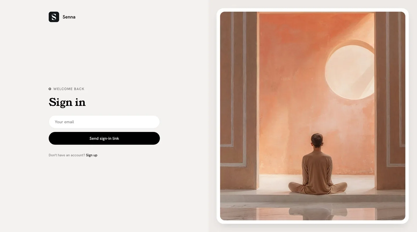 Senna chrome-free sign-in page with the members form in a 50/50 framed image split