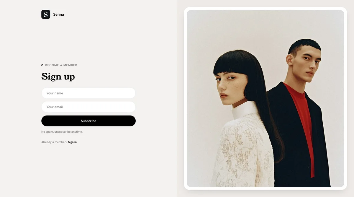 Senna chrome-free sign-up page with a 50/50 framed image split